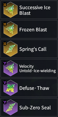 Successive Ice Blast, Frozen Blast, Spring's Call, Ice-Wielding Jade, Defuse Thaw, & Sub-Zero Seal